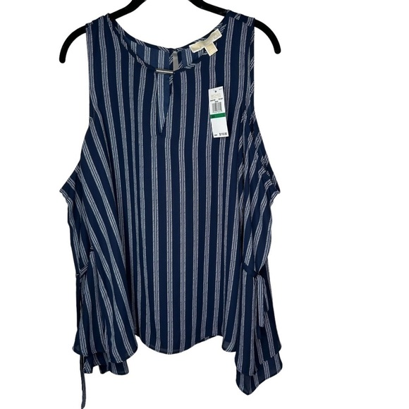 New Michael Kors Women’s Cold Shoulder Blouse Size Large Blue White Stripe BNWT - Picture 1 of 6